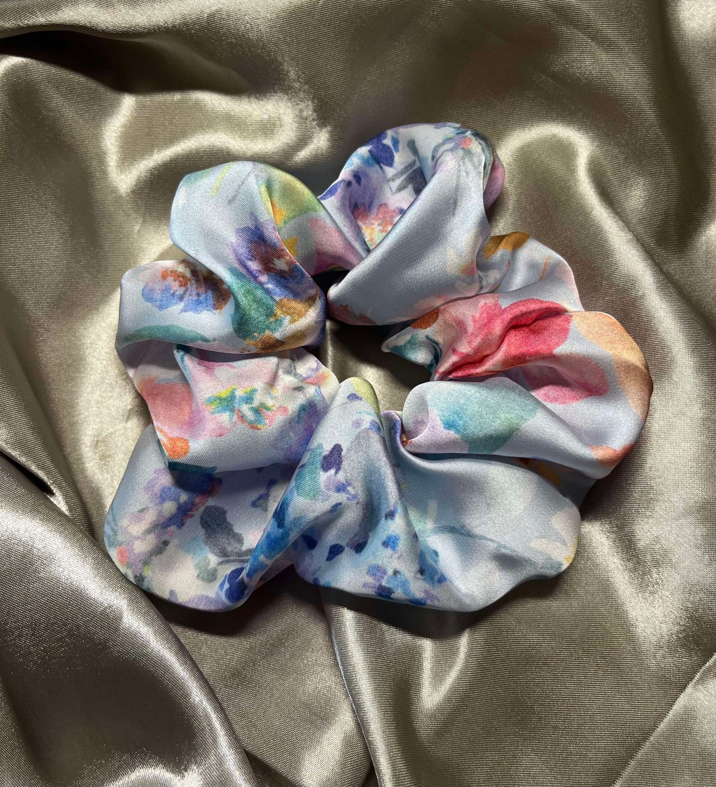 Blue Floral Satin Scrunchie